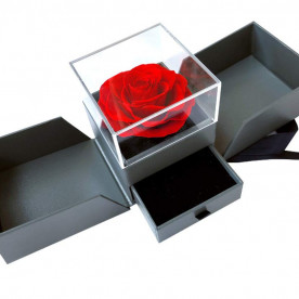 Rosa eterna en caja joyería con cajón para colocar el anillo de pedida, ideal para pedida de matrimonio. Incluye tarjeta dedicatoria.